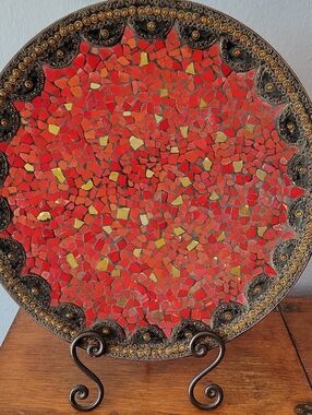 20" Red Mosaic Decorative Plate and Metal Stand